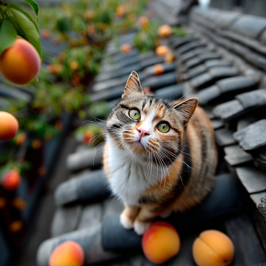 屋瓦上的水蜜桃樹。濃濃的果香味。
