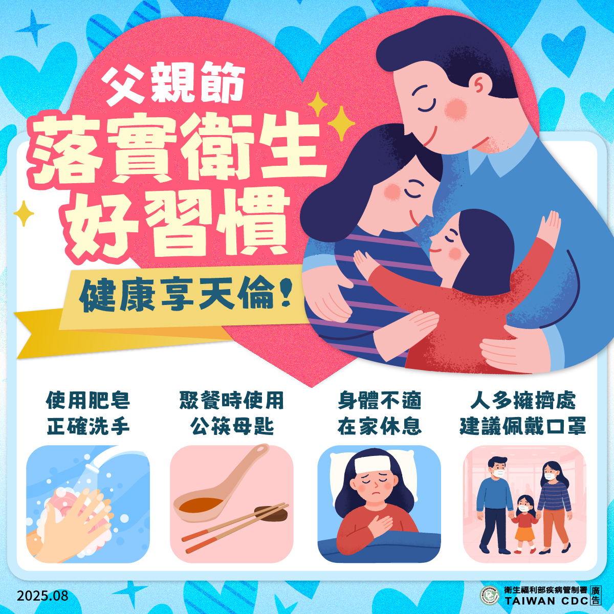 👨 👧 👦 父親節團圓聚餐，享受美食也要顧健康！📌四大衛生重點請牢記：(one)進食前、如廁後正確使用肥皂洗手(two)聚餐時使用公筷母匙(three)身體不適請在家休息(four)出入人多擁擠公共場所建議佩戴口罩祝全天下的爸爸健康平安，父親節快樂！💙