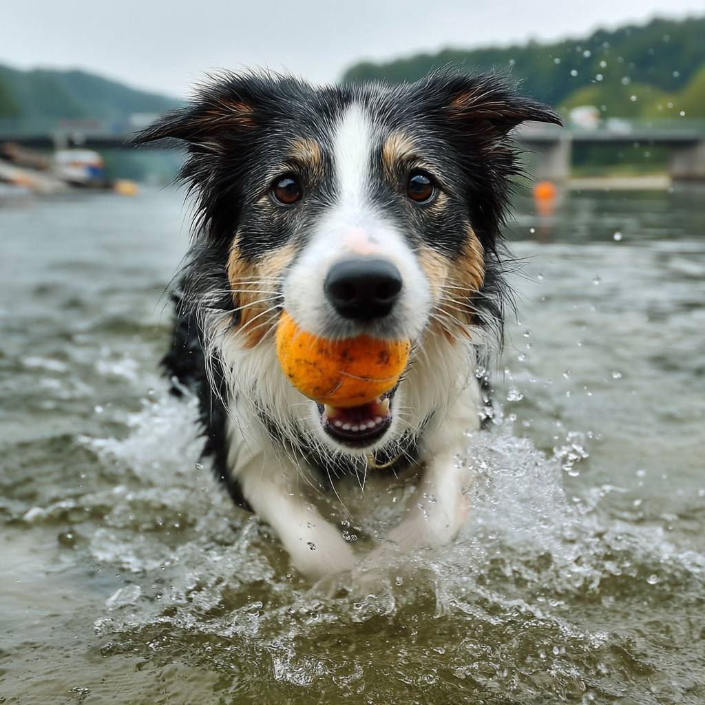 下水撿球，邊牧輕鬆自在作得到。