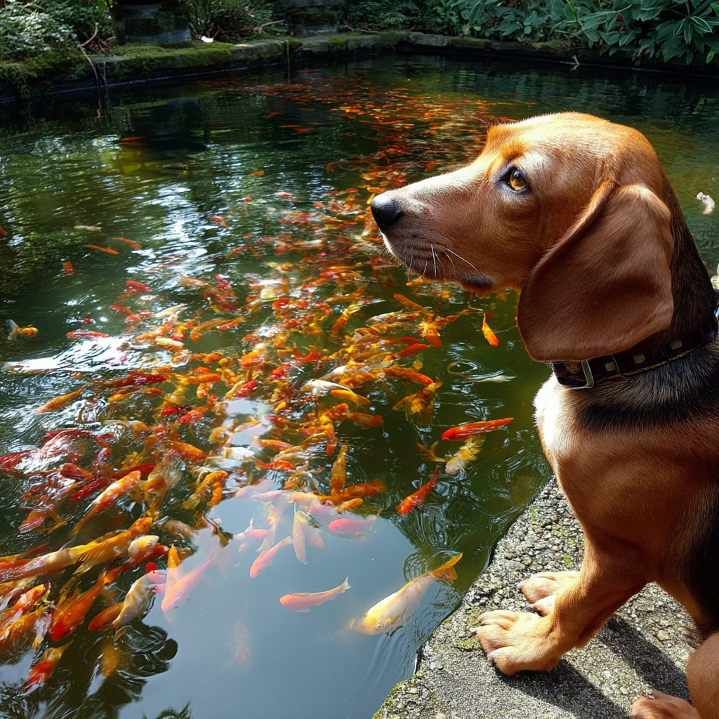 池塘邊的狗狗三脚，正在欣賞一場活潑景象，盛大的水中舞會。