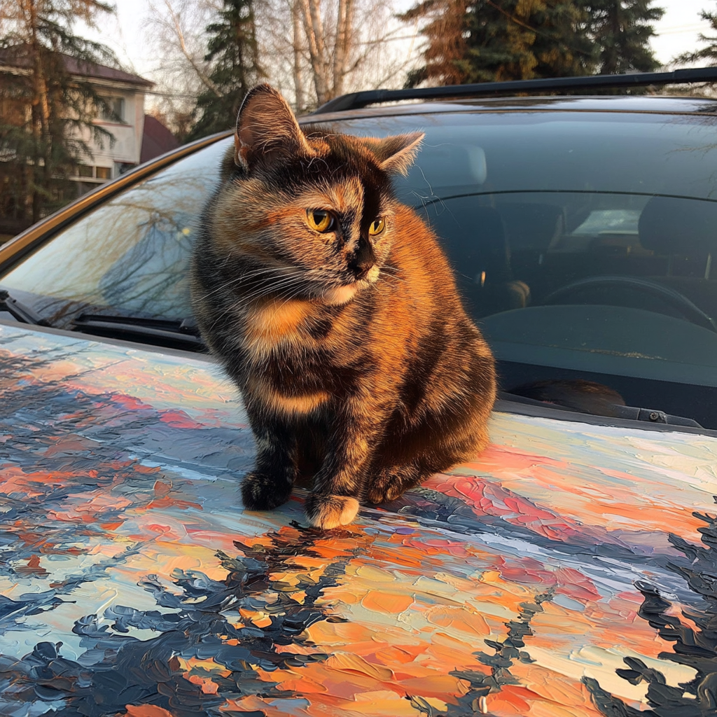 坐在彩繪的引擎蓋上