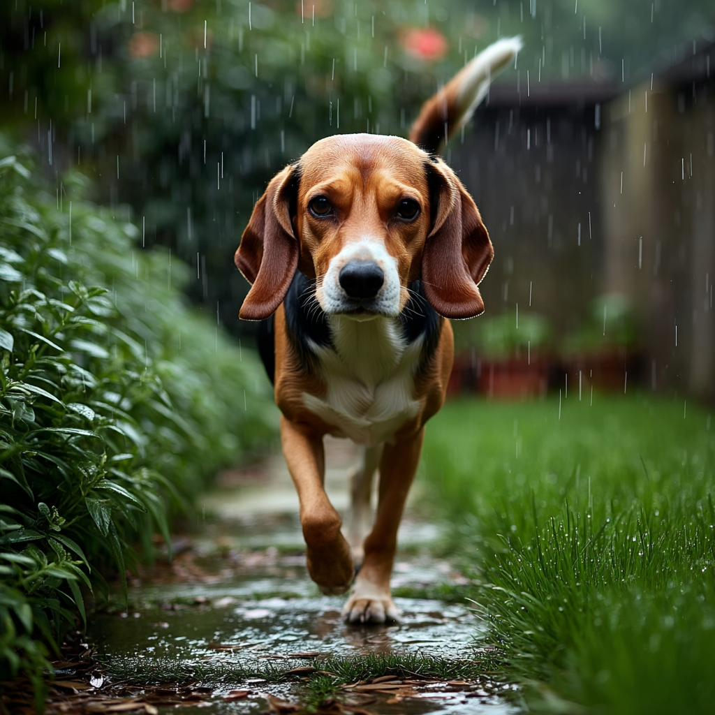 精力充沛，就算是下雨天也要出來跑跑跳跳。