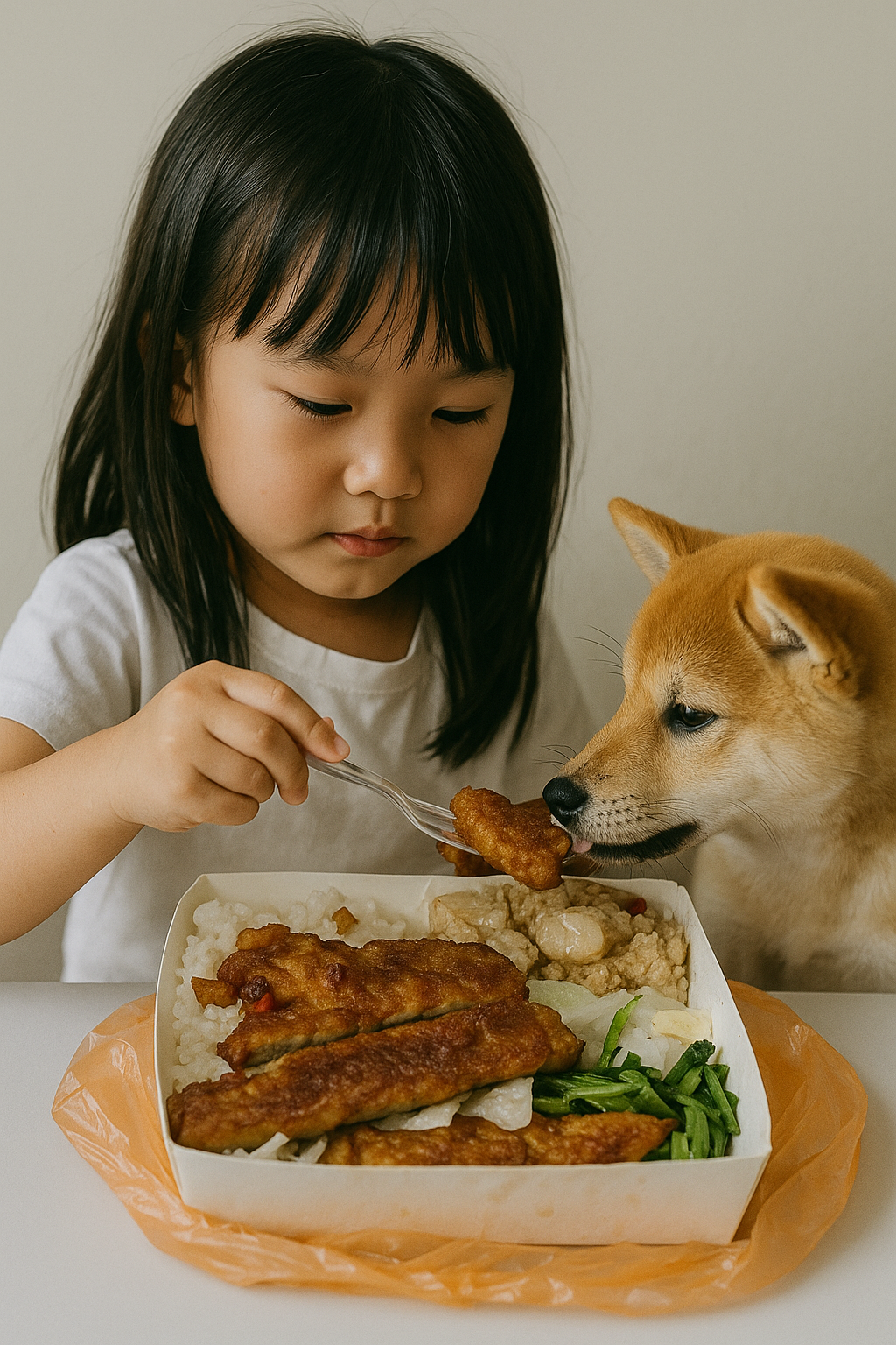 使用環保餐具，小孩餵食小狗。