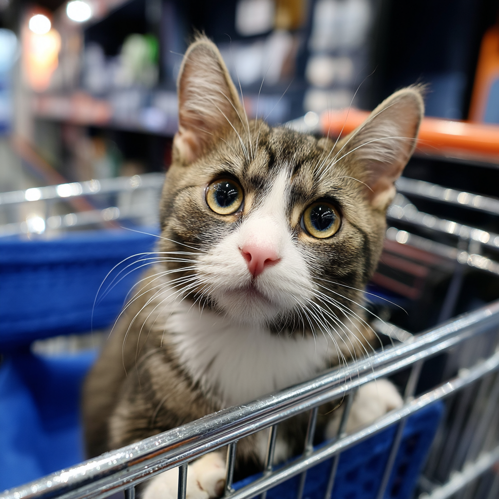 換到超市買菜，坐在購物推車裡