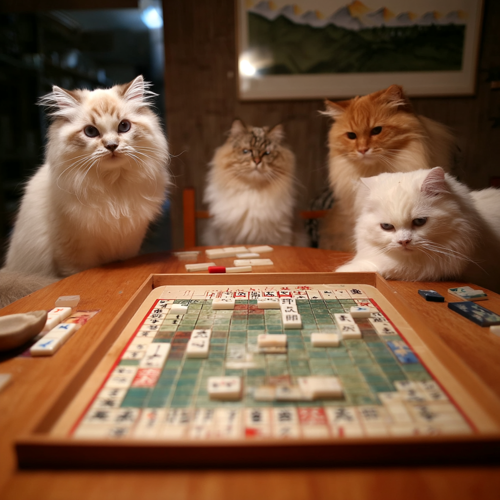 好誇張好離譜。四隻打麻將的小貓。