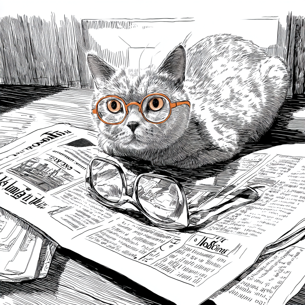 戴眼鏡閱讀。黑白素描。