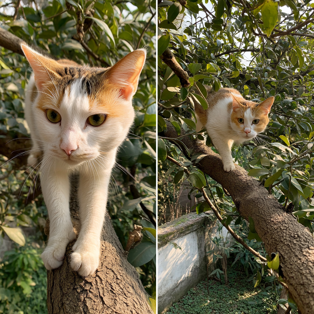 在庭園裡爬樹。