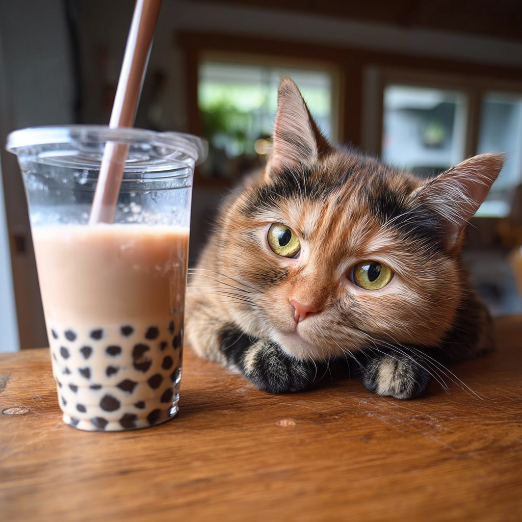 重點是珍珠奶茶。不是三花貓亞亞。