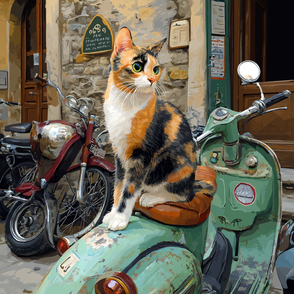 坐在老古董機車上面的呆呆。