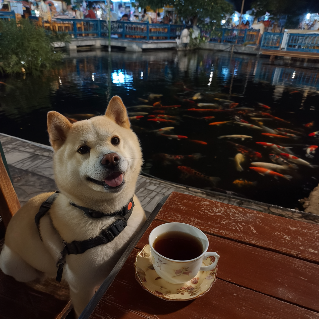 在魚池旁邊喝紅茶。