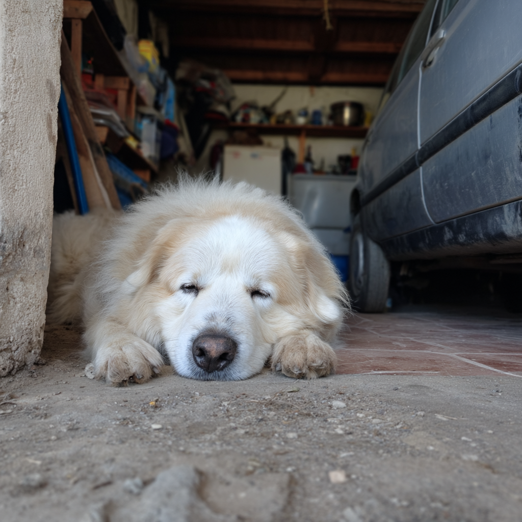 在車庫的車子旁邊，呼呼大睡。