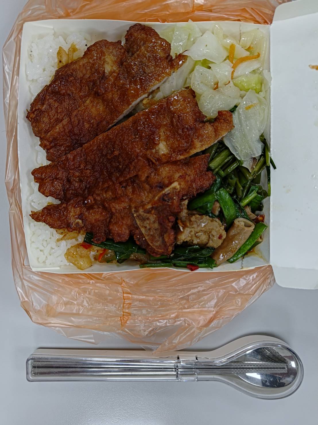 2025.08.26使用環保餐具，百萬餐桌減碳任務。圖片中的黃柴柴，心裡一定OS為什麼還要餐具，我也要像黑柴柴，白柴柴一樣就是直接吃。