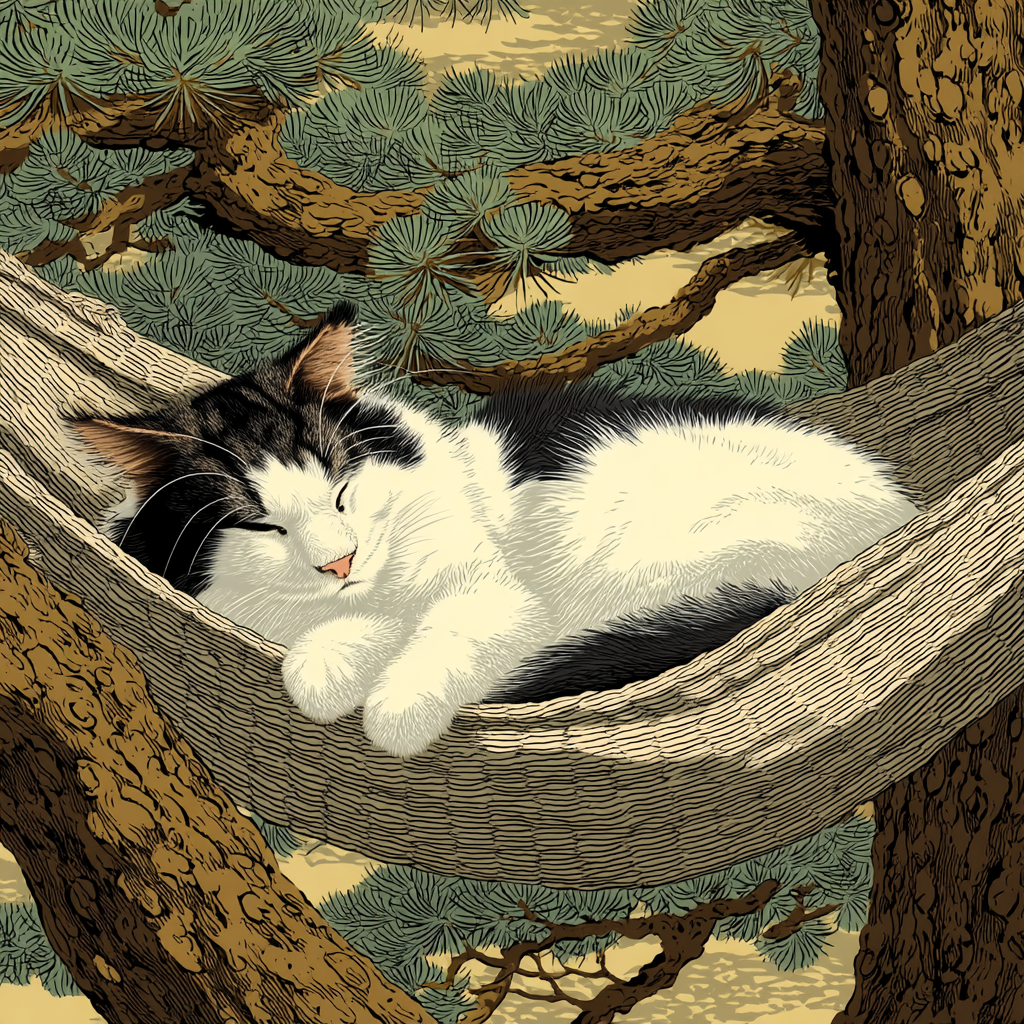 睡吊床。浮世繪風格