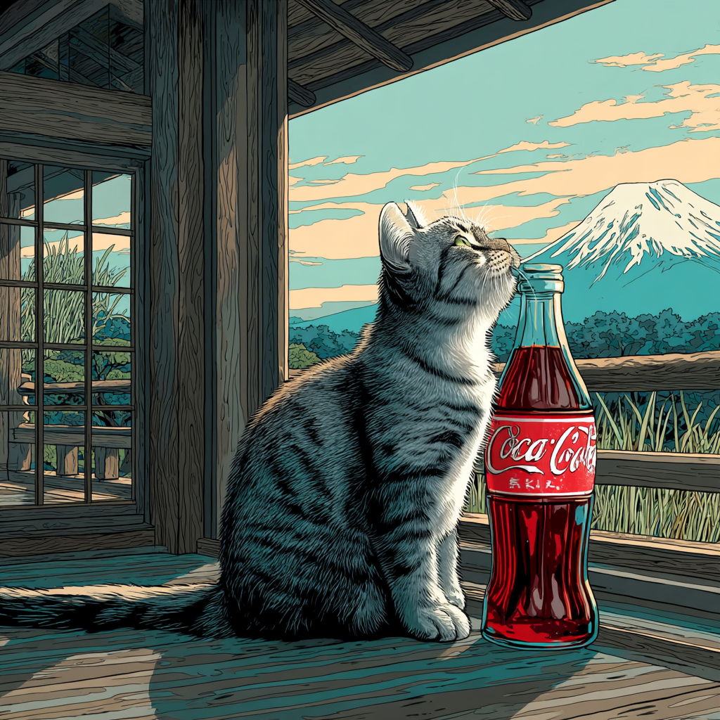日本浮士繪風格，遠景是日本富士山，喝的是西方世界的可口可樂