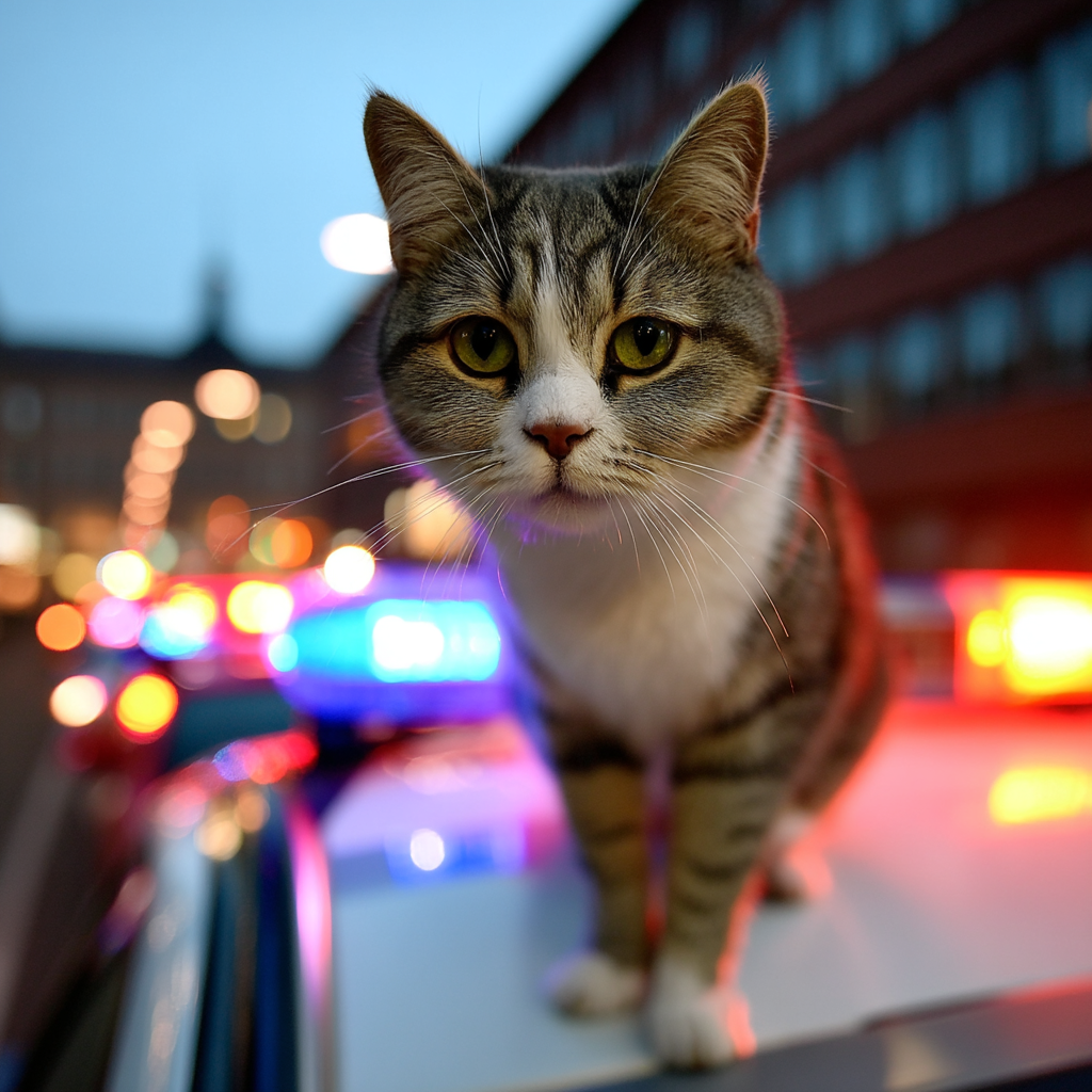 站在警車的警示燈旁邊